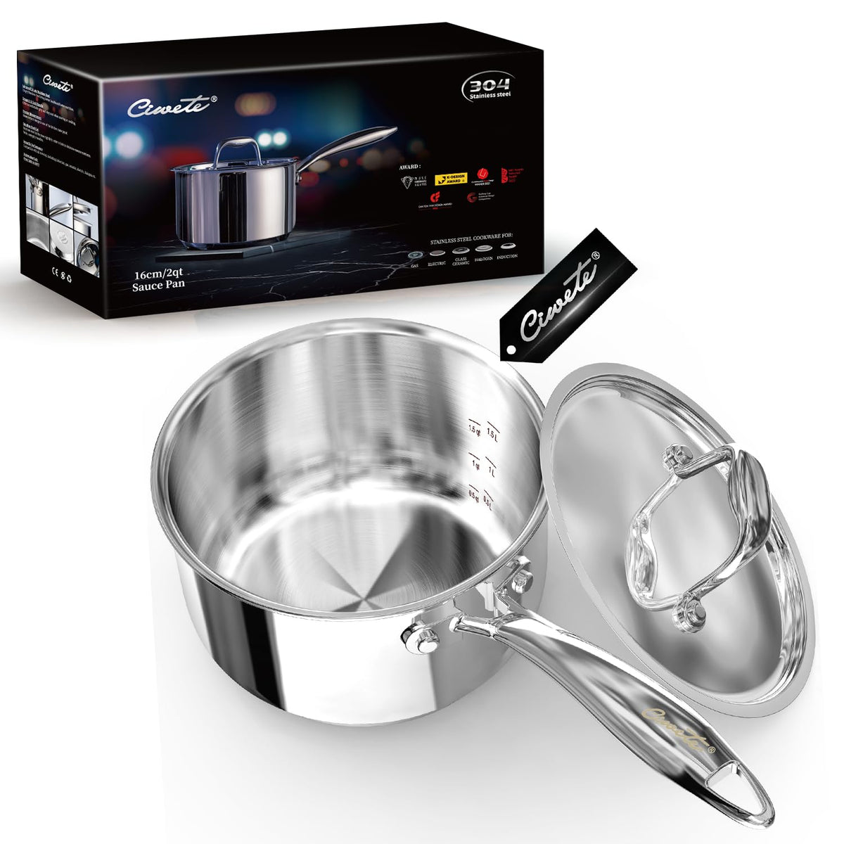 Ciwete 2 Quart Sauce Pan With Lid, Tri Ply Stainless Steel Saucepan 2 Qt With Stainless Steel Lid, 2 Measuring Lines, Upgraded P