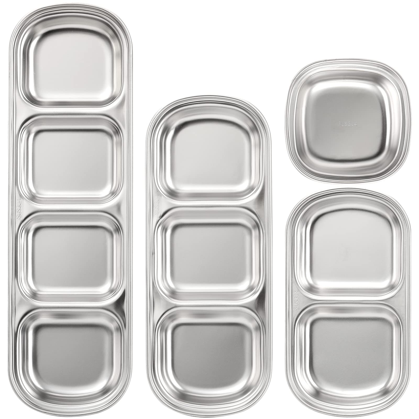 Soujoy 4 Pcs Stainless Steel Sauce Dish, Divided Seasoning Sauce Dip Bowl, 1/2/3/4 Compartment Korean Ketchup Sauce Bowl, Vinega