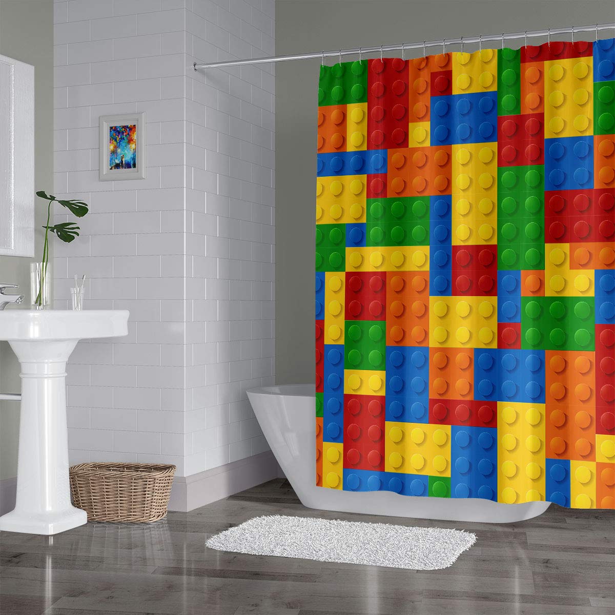 Faitove 4Pcs Kids Funny Blocks Shower Curtain Sets With Rugs, Toilet Lid Cover And Bath Mat, Colorful Shower Curtain Cloth Water