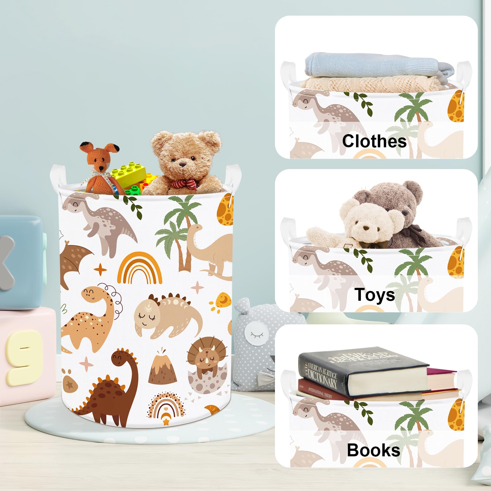 Clastyle 45L Large Boho Dinosaur Boy Book Toy Storage Basket Dino Palm Leaves Clothes Laundry Hamper For Kid Room Nursery, Brown