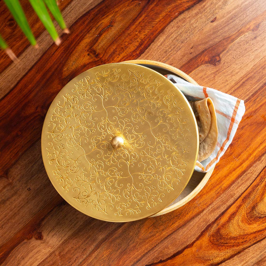 Exclusivelane 'Floral-Etched' Handcrafted Chapati Box For Kitchen In Brass & Mango Wood (Base: Mango Wood, Lid: Brass) - Hot Pot