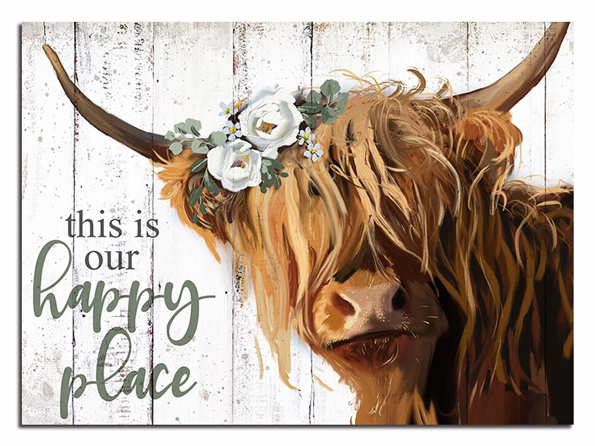Ypy Highland Cow Wall Art - This Is Our Happy Place Inspirational Canvas Poster For Home - Long Haired Scottish Cow With White F