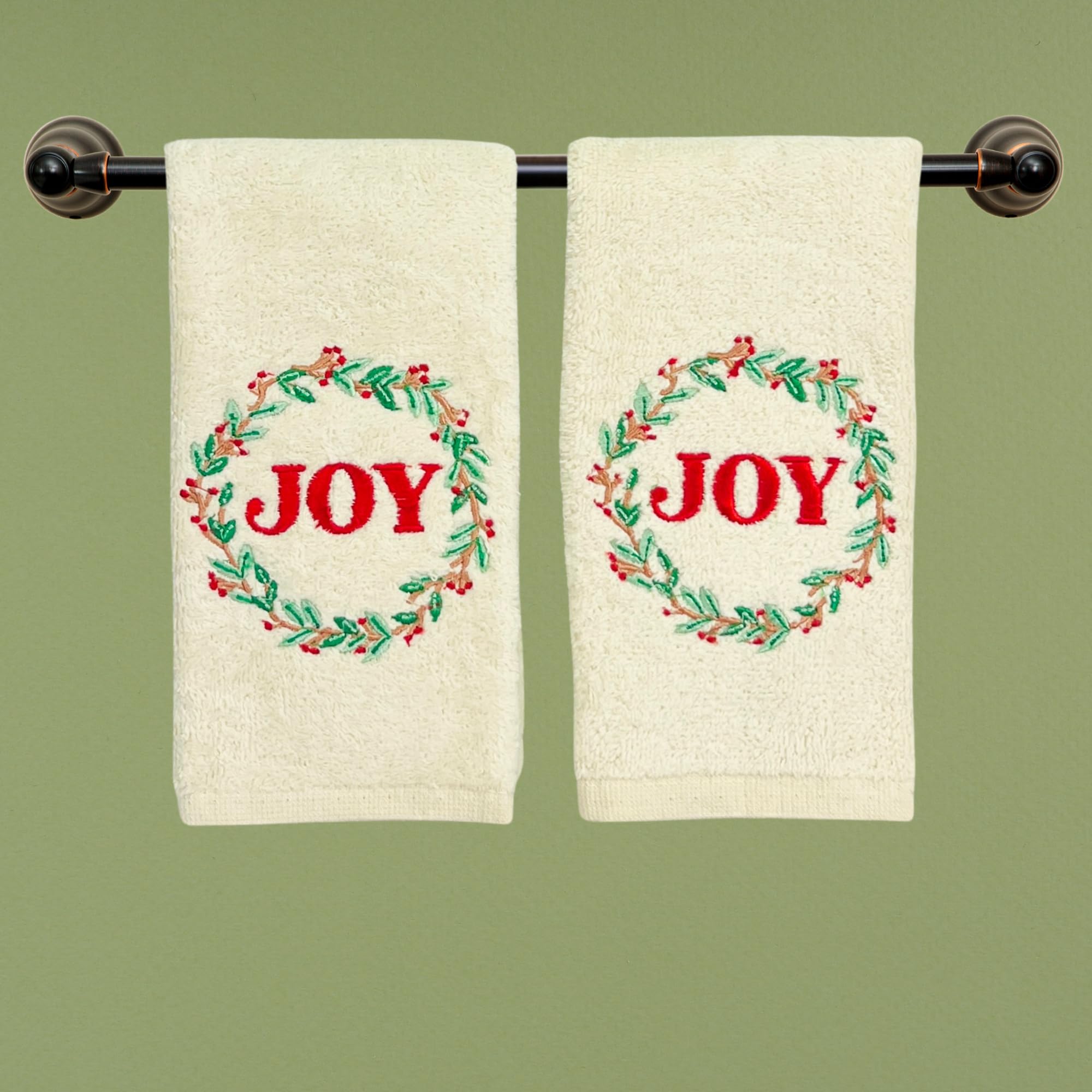 Serafina Home Christmas Fingertip Bath Guest Towels, Embroidered Joy Holly Wreath, 2 Piece Set, 12 X 18 Inches 100% Cotton