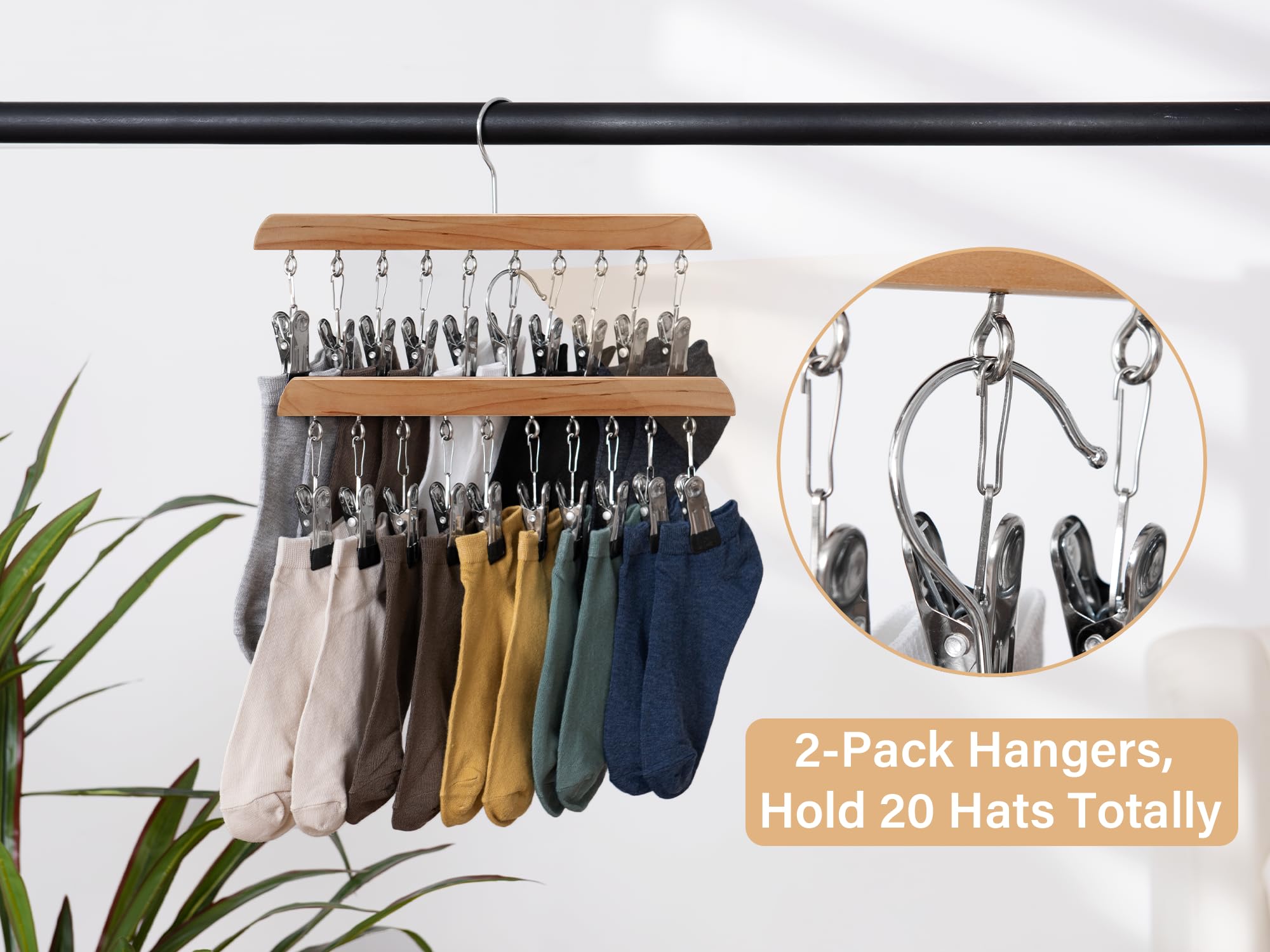 Storageworks Hat Organizer, Wooden Hat Hangers For Closet, Hat Racks For Baseball Caps, Set Of 2 Cap Organizer With 10 Adjustabl