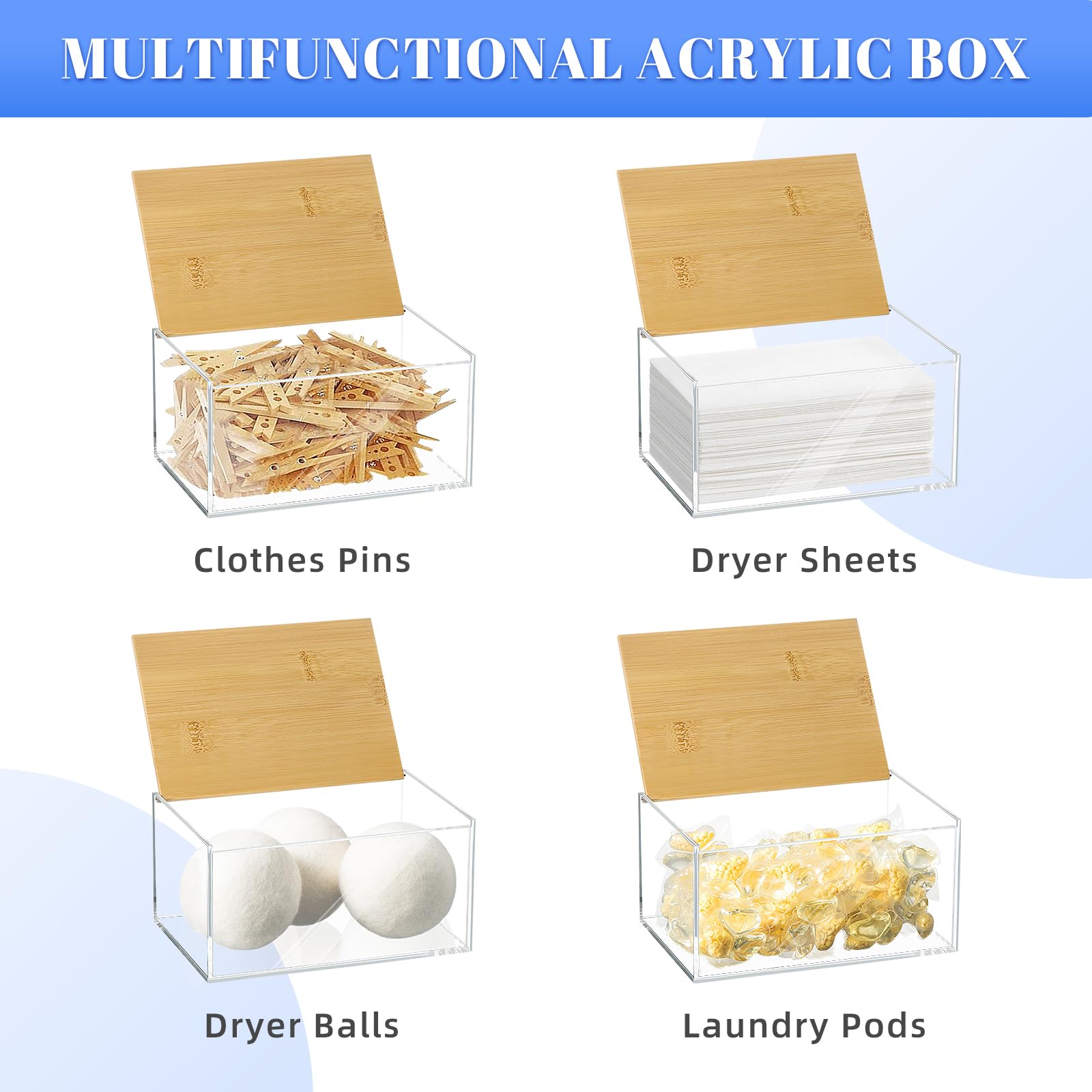 Dryer Sheet Holder, Acrylic Dryer Sheet Dispenser With Bamboo Lid, Acrylic Tissue Box, Dryer Sheet Container, Acrylic Dryer Shee