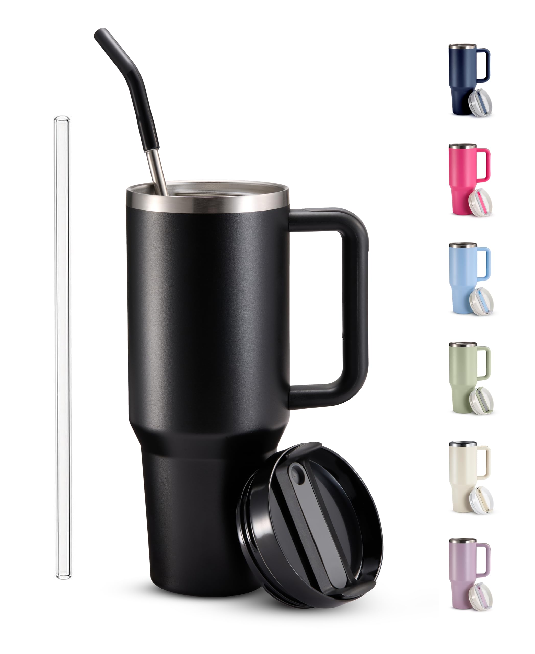 KooK Stainless Steel Tumbler, with Straw and Handle, Leakproof, Vacuum Insulated Travel Coffee Mug, Reusable Double Walled Water