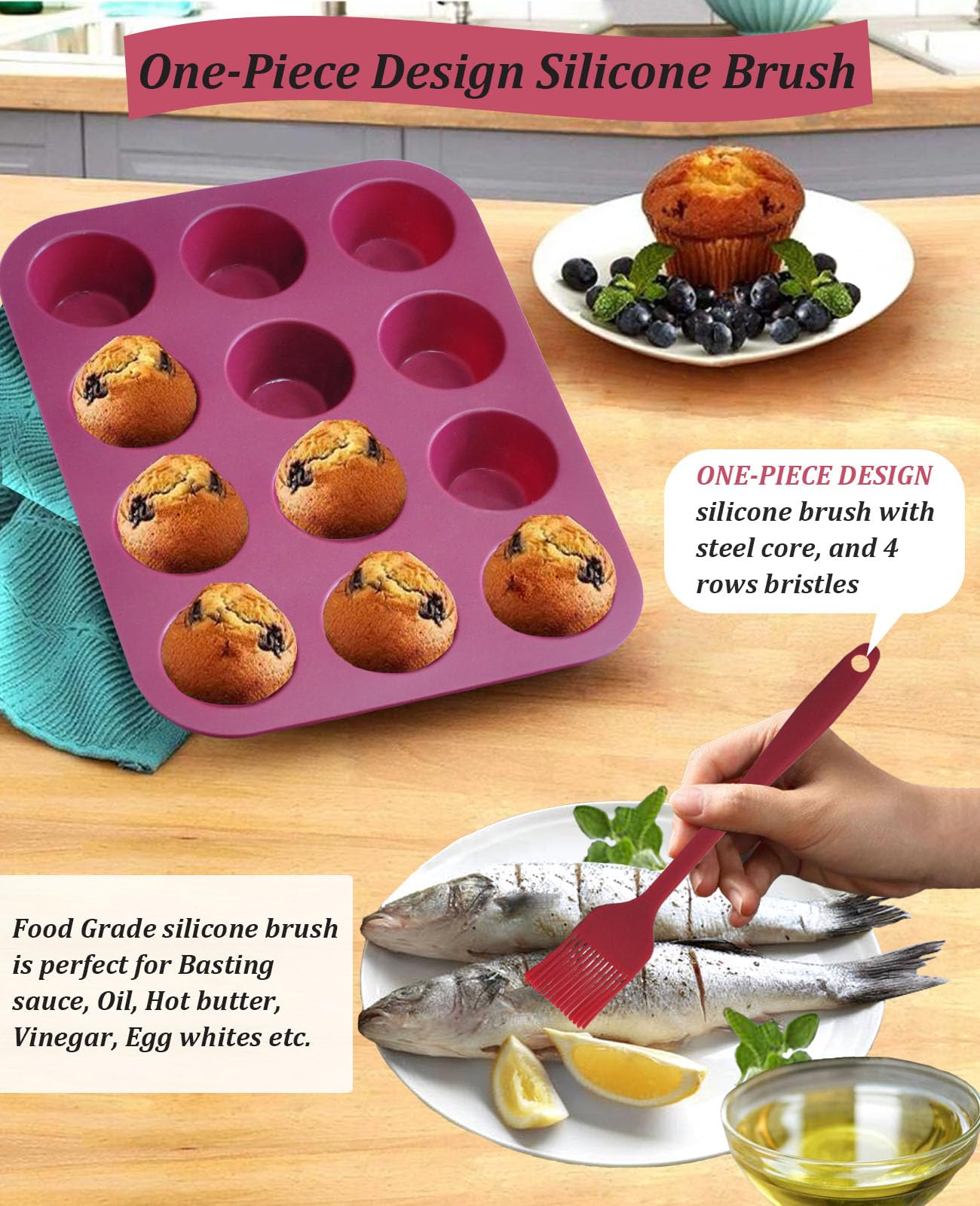 Sinoskye Silicone Mini Muffin Pan, 12-Cup Mini Cupcake Pan With Silicone Pastry Brush For Making Mini Egg Muffin, Keto Diet, Bpa