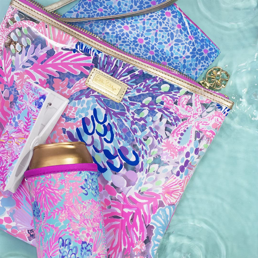 Lilly Pulitzer Water Resistant Vinyl Beach Day Pouch, Zipper Bag Includes Drink Hugger, Small Pouch, And Towel Clips, Splendor I