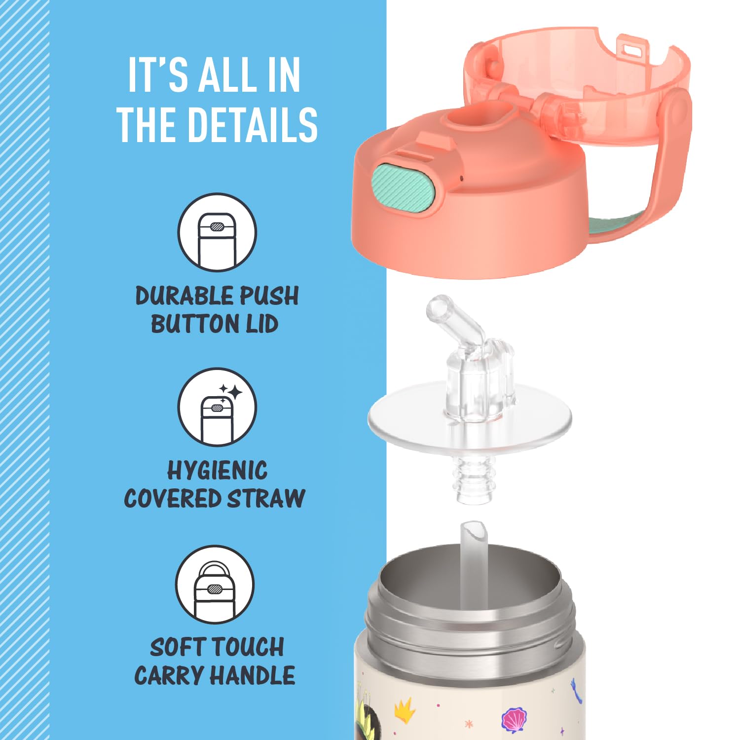 Thermos Funtainer Water Bottle With Straw - 12 Ounce, Princesses - Kids Stainless Steel Vacuum Insulated Water Bottle With Lid