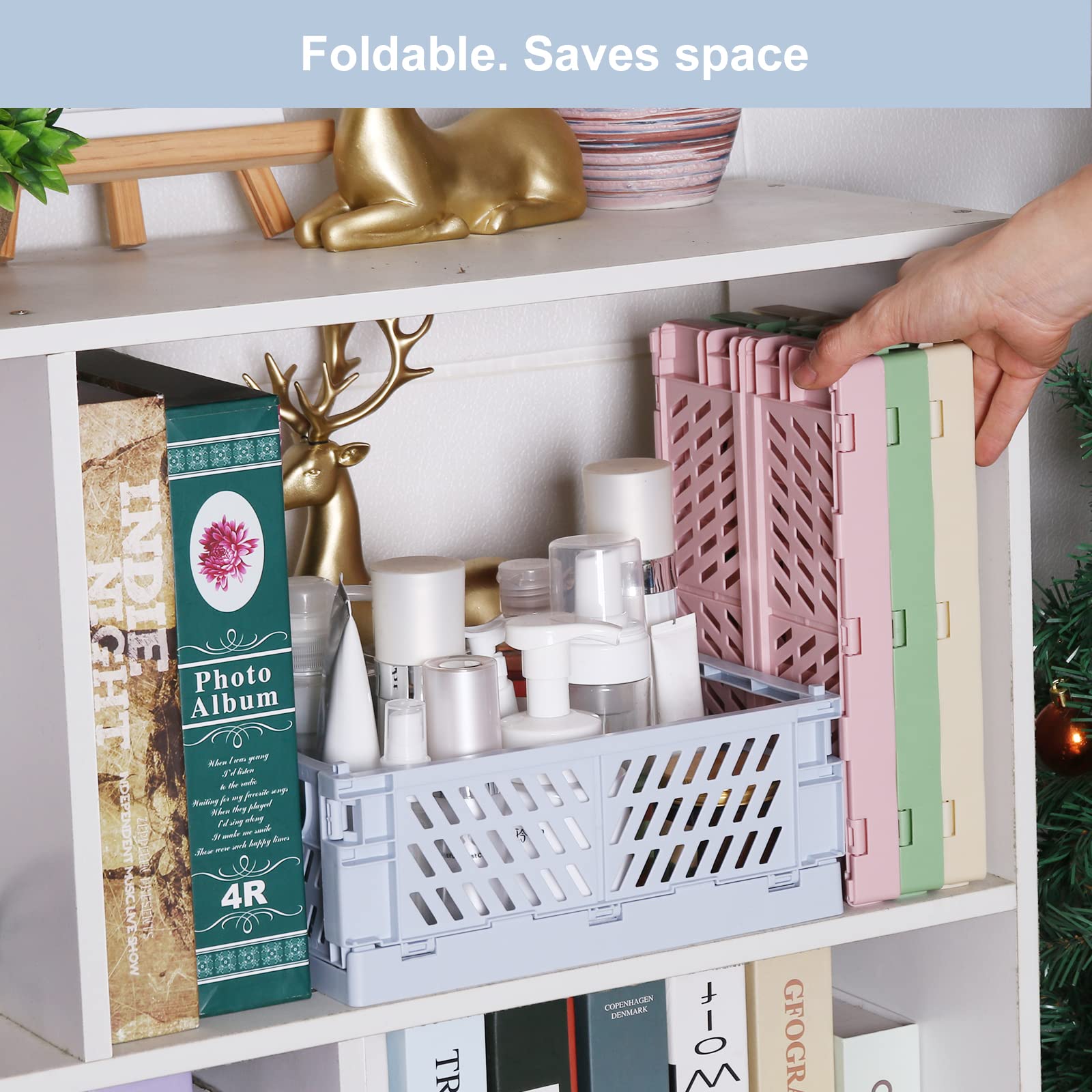 4-Pack Plastic Baskets for Shelf Storage Organizing  Durable and Reliable Folding Storage Crate  Ideal for Home Kitchen Classroom and Office Organization  Bathroom Storage (9.8 x 6.5 x 3.8 inches)