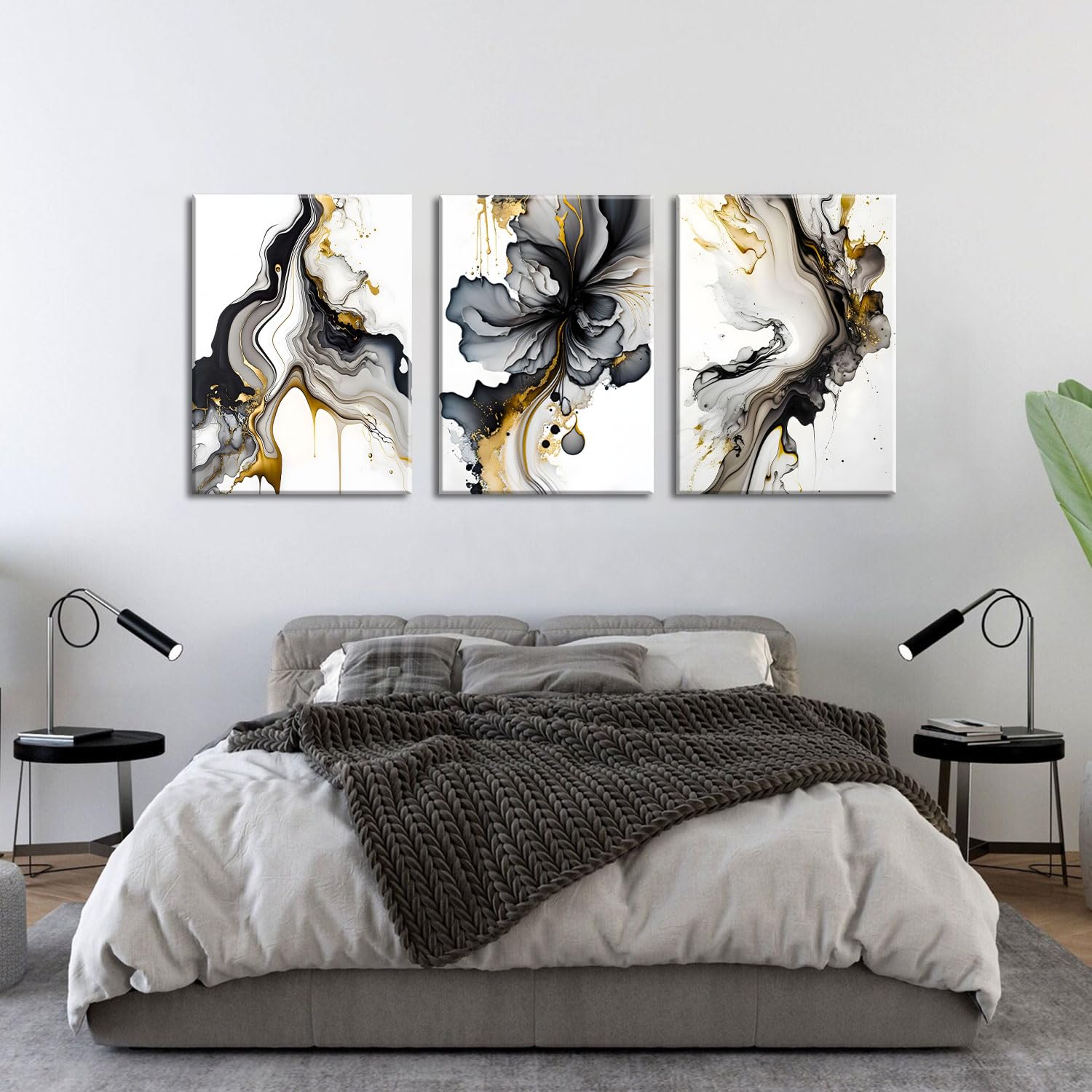 3Pcs Framed Black And Gold Abstract Wall Art, Modern Grey And Gold Marble Fluid Canvas Wall Art Prints Posters Wall Decor Pictur