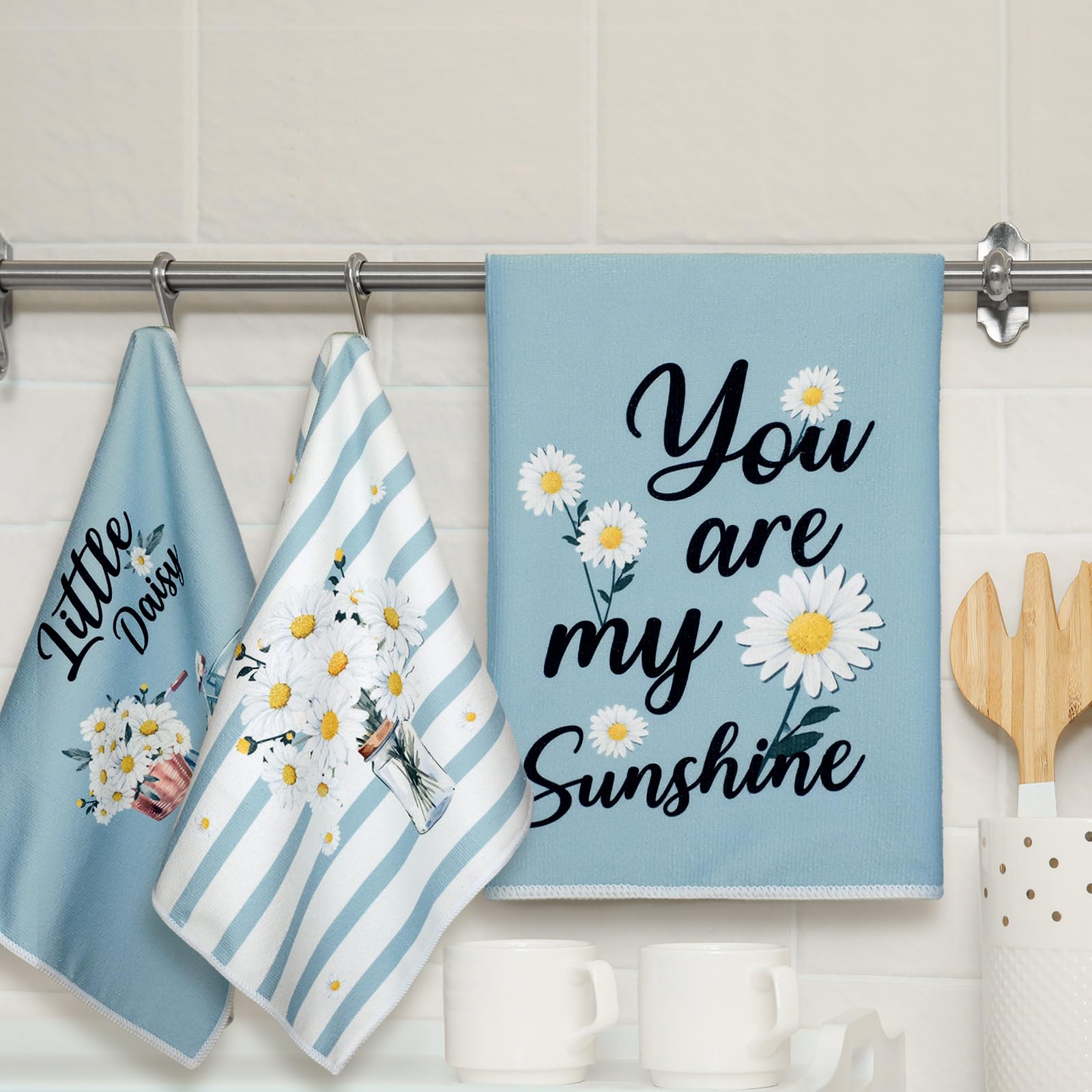 Boyiee Set of 6 Daisy Flower Kitchen Towels Daisy Stripes Tea Towels Floral Absorbent Dishtowels 24 x 16 Inches Housewarming Gif
