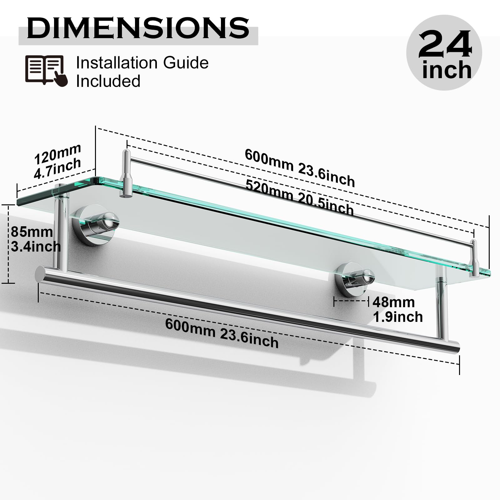 Kocok Bathroom Glass Shelf With Towel Bar,24-Inch Chrome Polished Floating Glass Bathroom Shelves With Towel Rack Stainless Stee