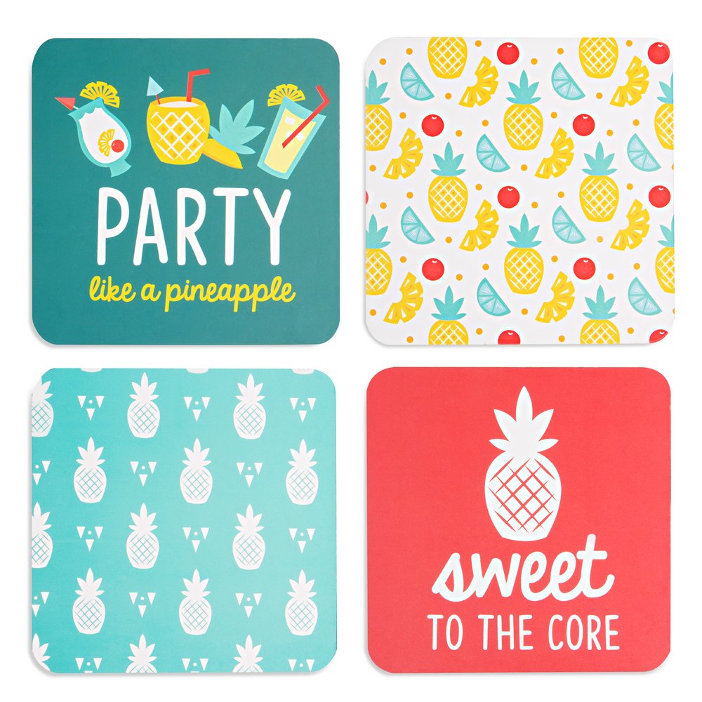 Pavilion Gift Company Pineapple Punch Coaster Set, 4 x 4 Inch, Green, White, Yellow, Red