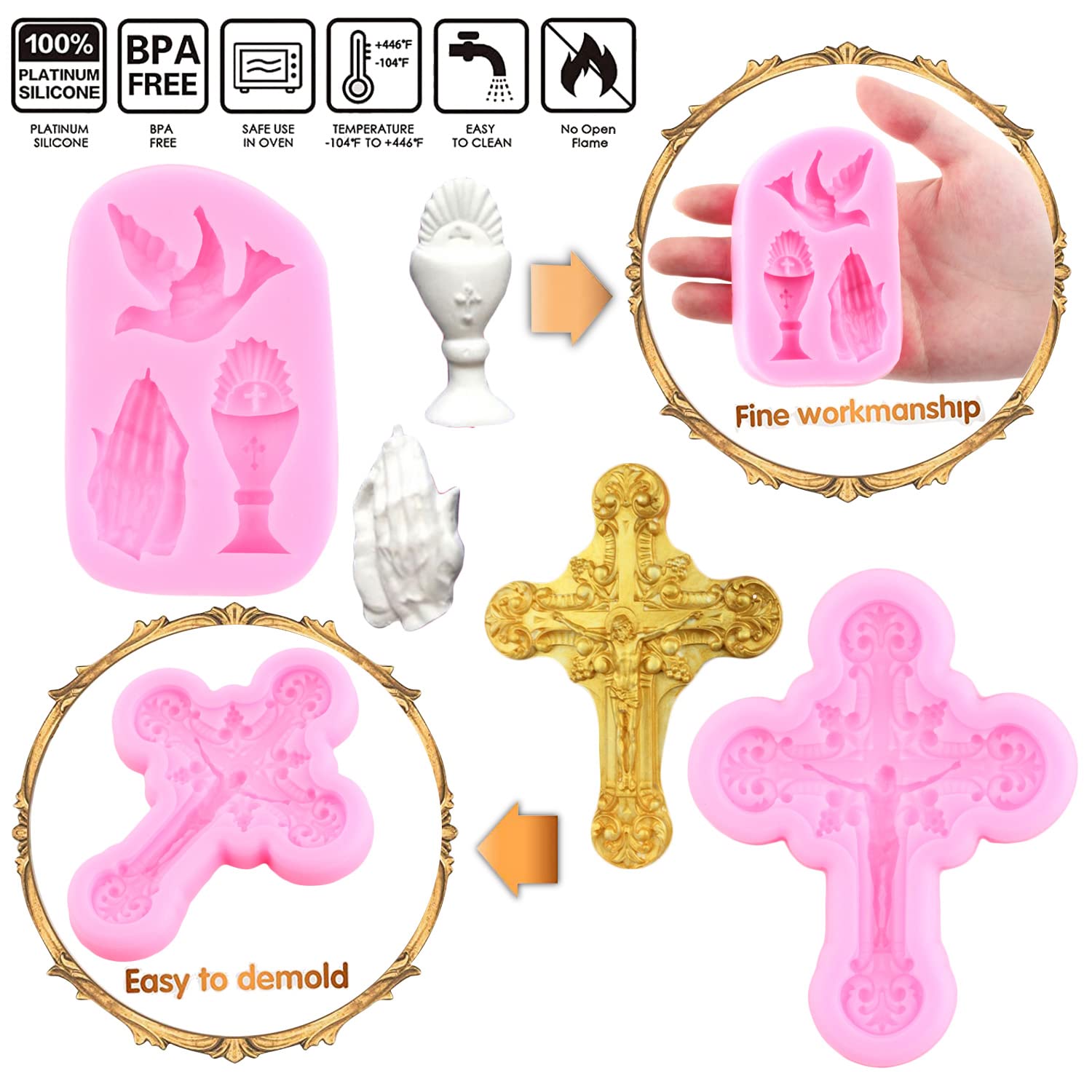 Mujiang Baptism Cake Decorations Cross Cake Mold Cross Silicone Mold Communion Dove Fondant Molds Praying Hand Mold For Baptism