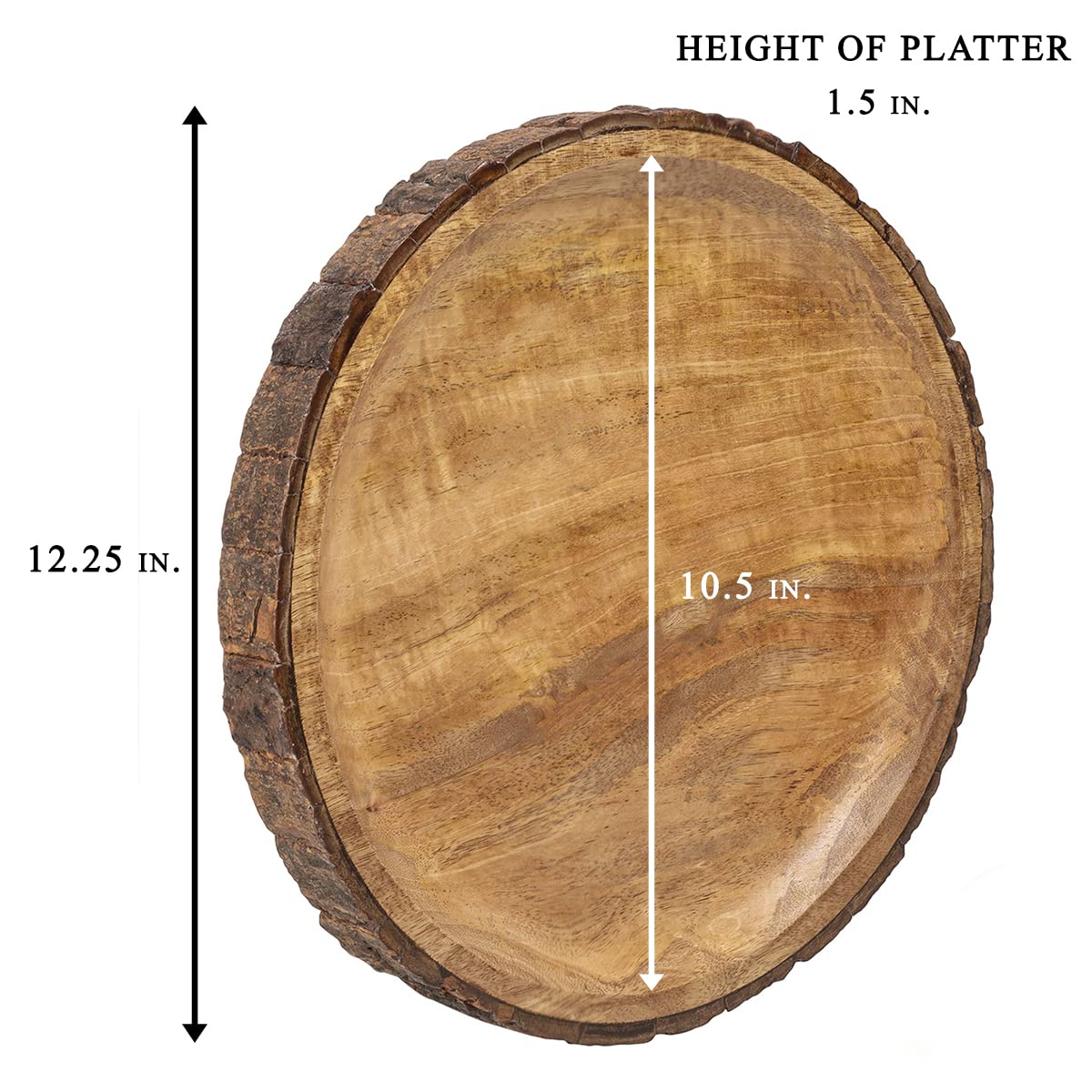 Gocraft Round Wooden Serving Platter With Tree Bark On Edges | Mango Wood Pizza Platter, Serve Board | Charcuterie Platter - 13'