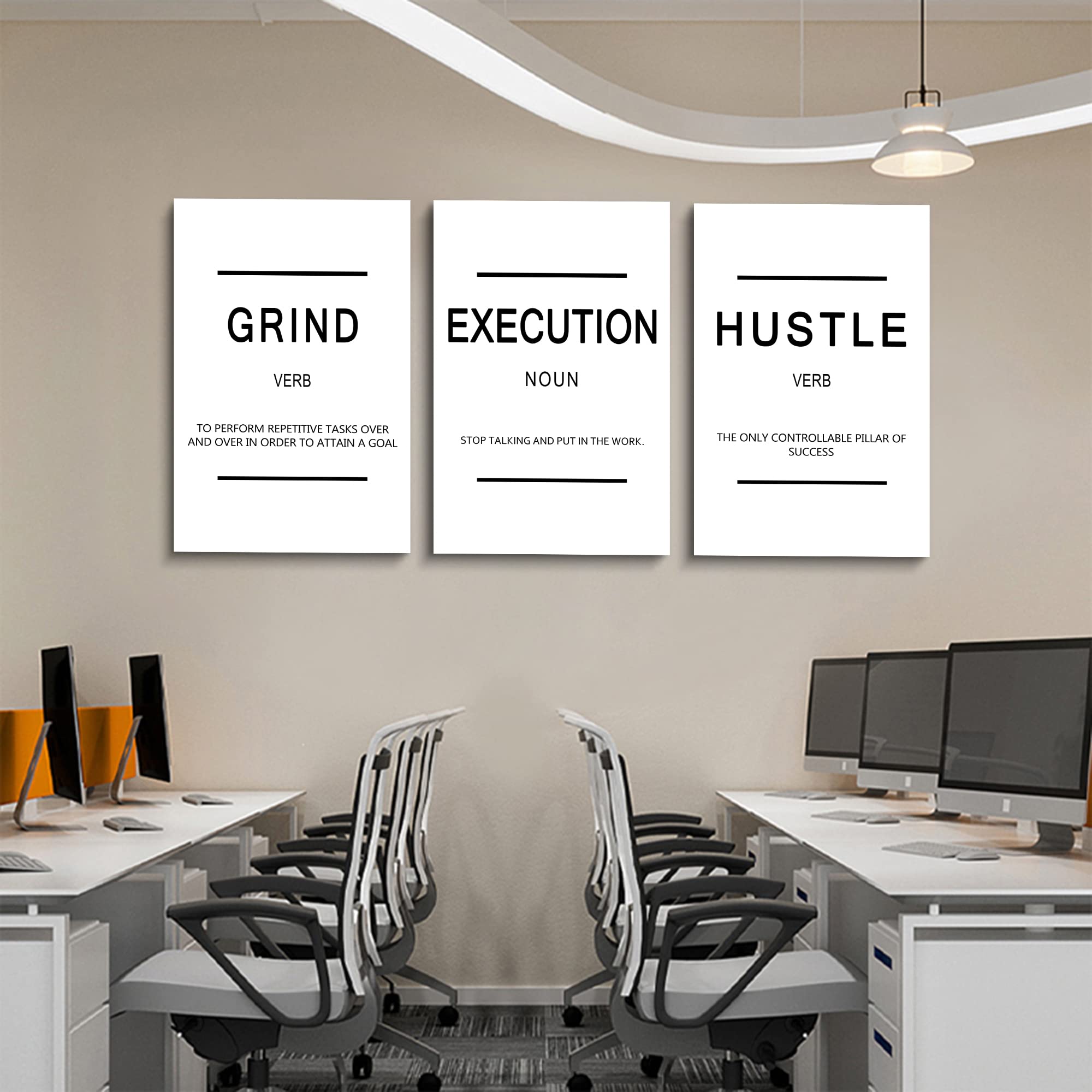 Framed Canvas Wall Art Success Quote, Office Wall Art, White Large Poster, Positive Motivational Set Of 3 Prints, Grind Executio
