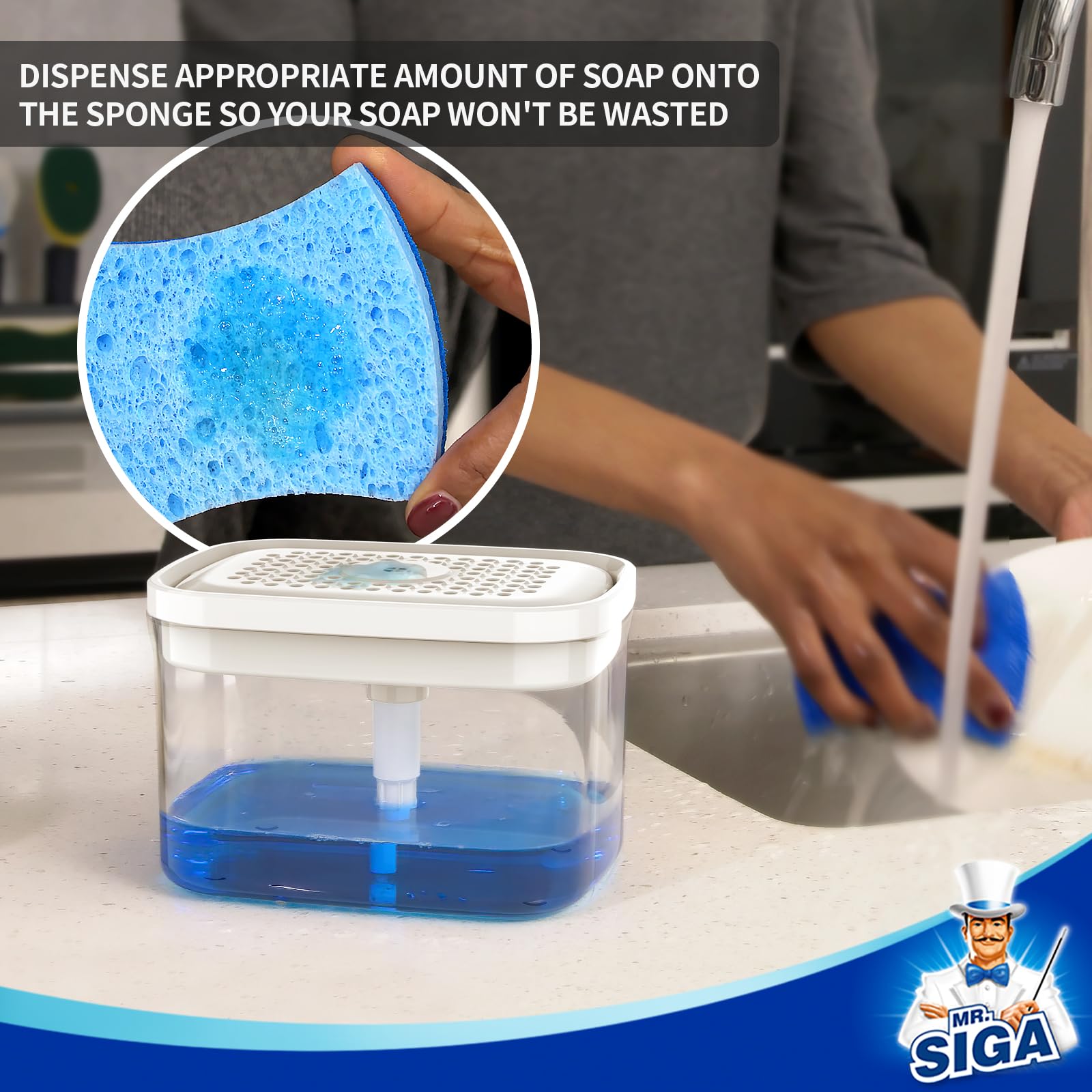 Mr.Siga Dish Soap Dispenser With Sponge Holder And Scrub Sponge Set, Kitchen Soap Dispenser With 30 Oz Large Capacity And 6 Pack