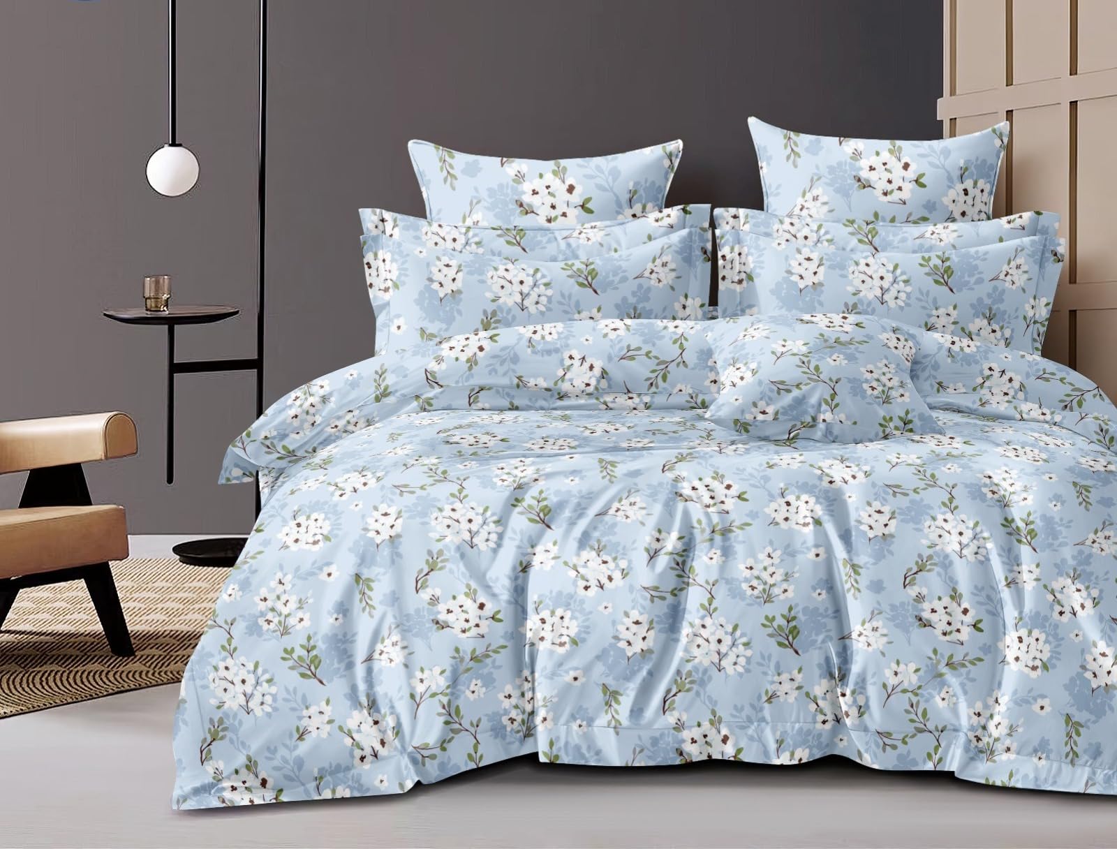 Kawi Elastic Fitted Bedsheet Cotton Blend Double Bed With 2 Pillow Cover (72 X 78)- Blue Colour-Blue Flower Print