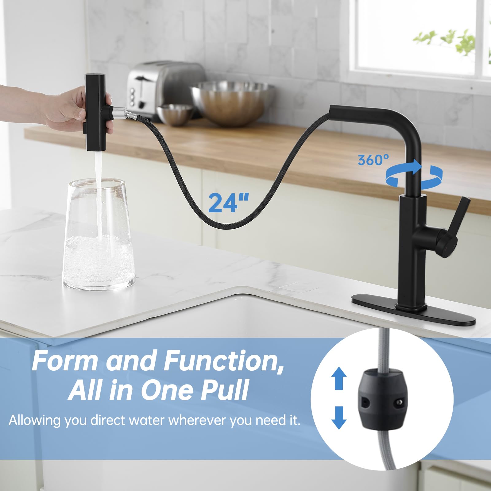 Rumose Kitchen Faucets With Pull Down Sprayer Matte Black Waterfall Rv Kitchen Sink Faucet With Sprayer 3-Mode Commercial High A