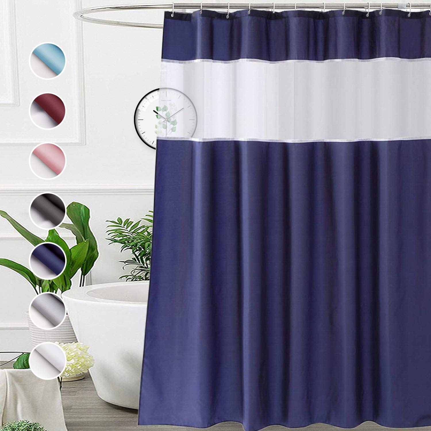 Ufriday Navy Blue Shower Curtain,72 X 75 Inch Long Fabric Shower Curtain Water Repellent With Window For Bathroom, With 12 Hooks