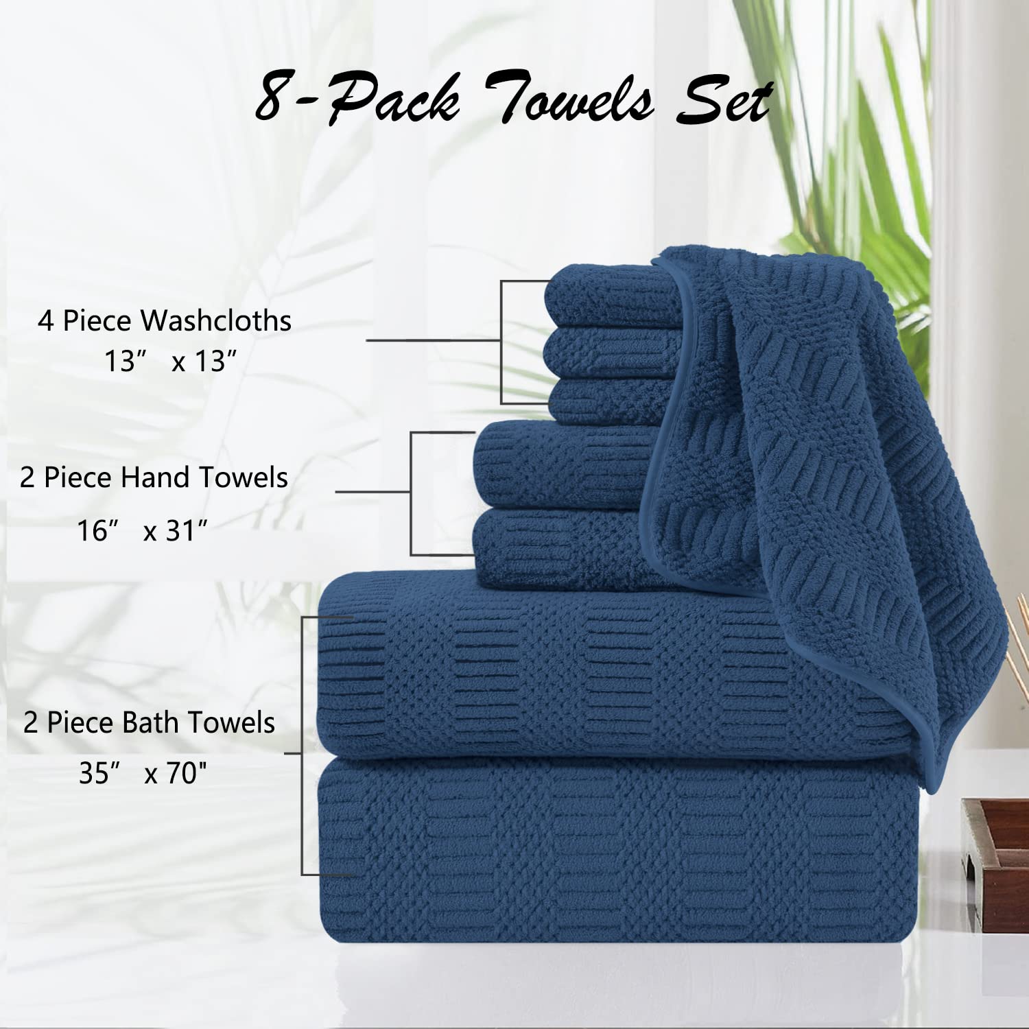 8 Piece Oversized Navy Bath Towel Set-2 Extra Large Bath Towel Sheets 2 Hand Towels 4 Washcloths-600GSM Soft Highly Absorbent Quick Dry Beach Chair Towels Woven Towels for Bathroom Hotel and Spa