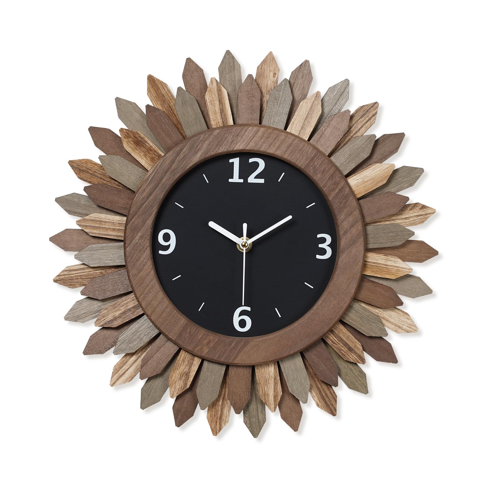 Honiway 14 Inch Wall Clock, Rustic Wood Boho Sunburst Decorative Wall Clocks Battery Operated Silent Non Ticking Farmhouse Small