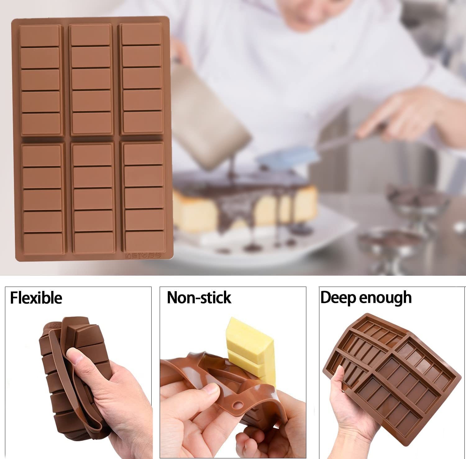 Accfore 2 Pack Chocolate Bar Molds,Rectangle Silicone Break-Apart Protein And Engery Bar Candy Chocolate Molds Wax Melt Candles