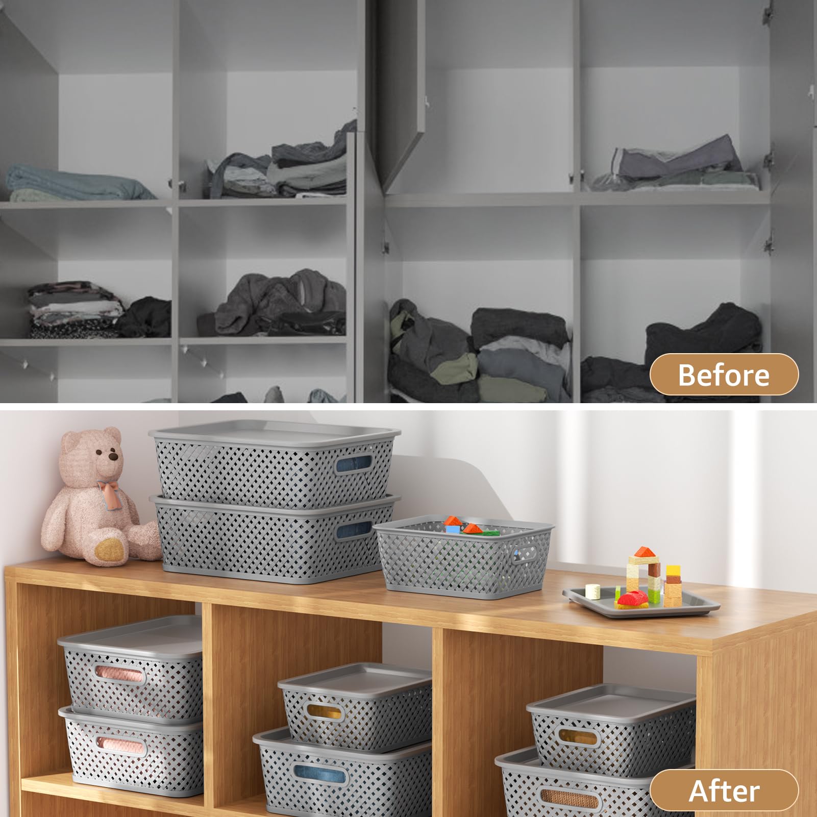 Maxgear Organization And Storage, Plastic Bins Organizer Bins, Woven Basket For Storage, Plastic Baskets With Lid, Lidded Basket