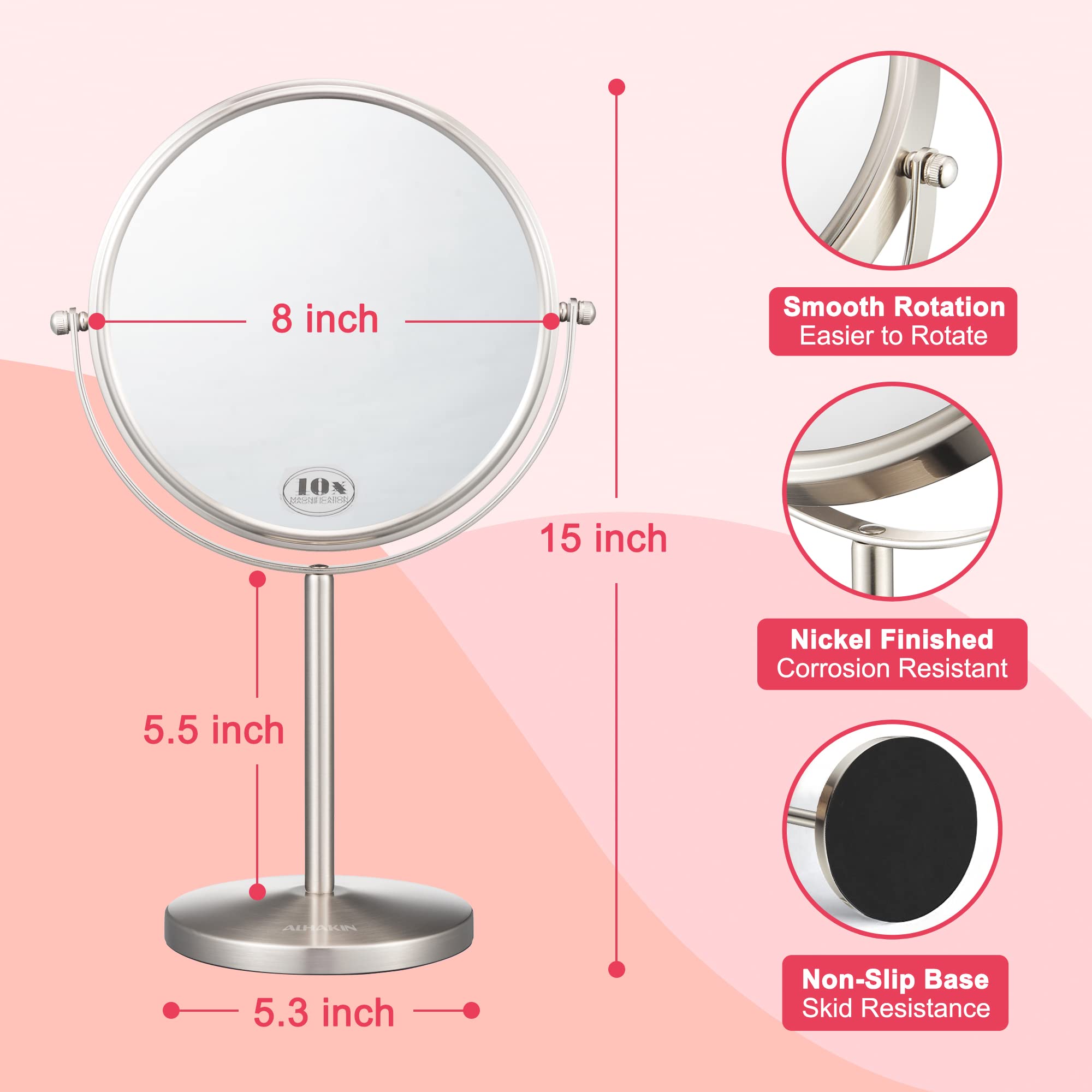 Alhakin Magnifying Makeup Mirror, 8-Inch Double Sided Vanity Tabletop Mirror With 10X Magnification, Nickel Finished