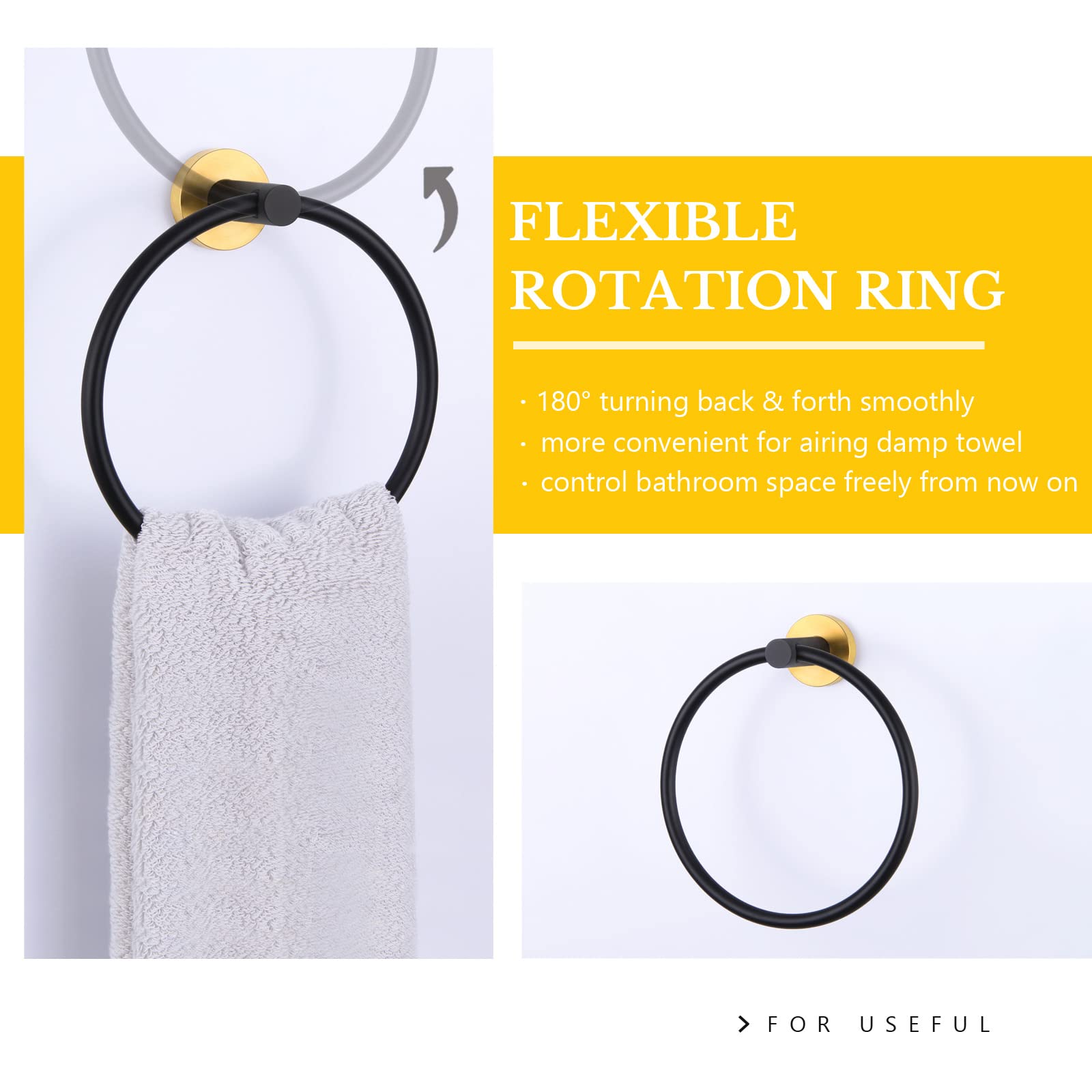 APLusee Hand Towel Ring  Stainless Steel Round Bathroom Towel Holder Loop (Black & Gold)