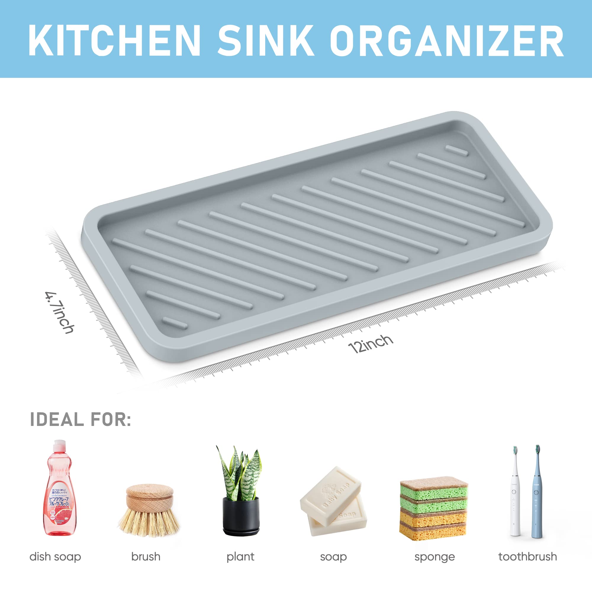 Silicone Sink Tray,Extra Large 12'' Sponge Holder For Kitchen Sink Eg-Sipro Kitchen Soap Tray Sink Caddy Bathroom Counter Organi