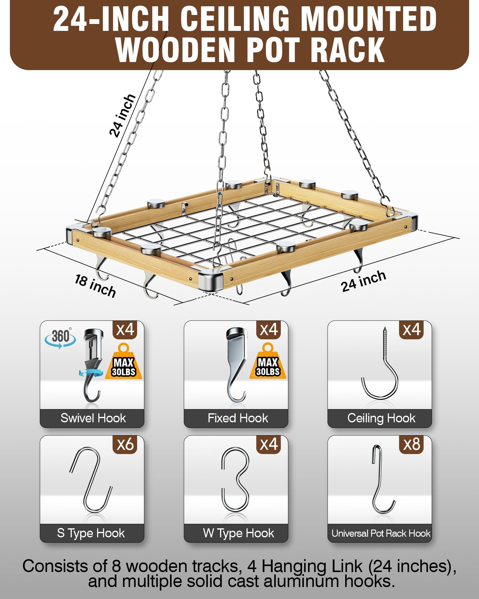 Cooks Standard Ceiling Mounted Wooden Pot Rack, 24-Inch By 18-Inch, Brown