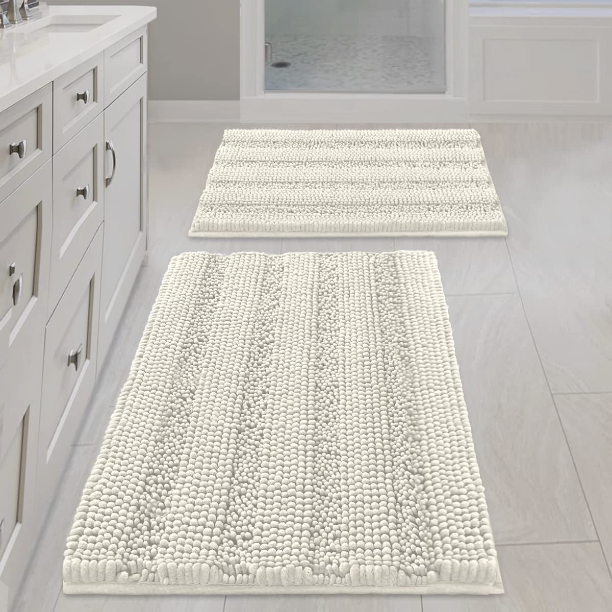 H.Versailtex Cream Bathroom Rug Bath Rugs Set Of 2, Thick Soft Striped Shaggy Chenille Bath Mats For Bathroom Non Slip, Dry Fast