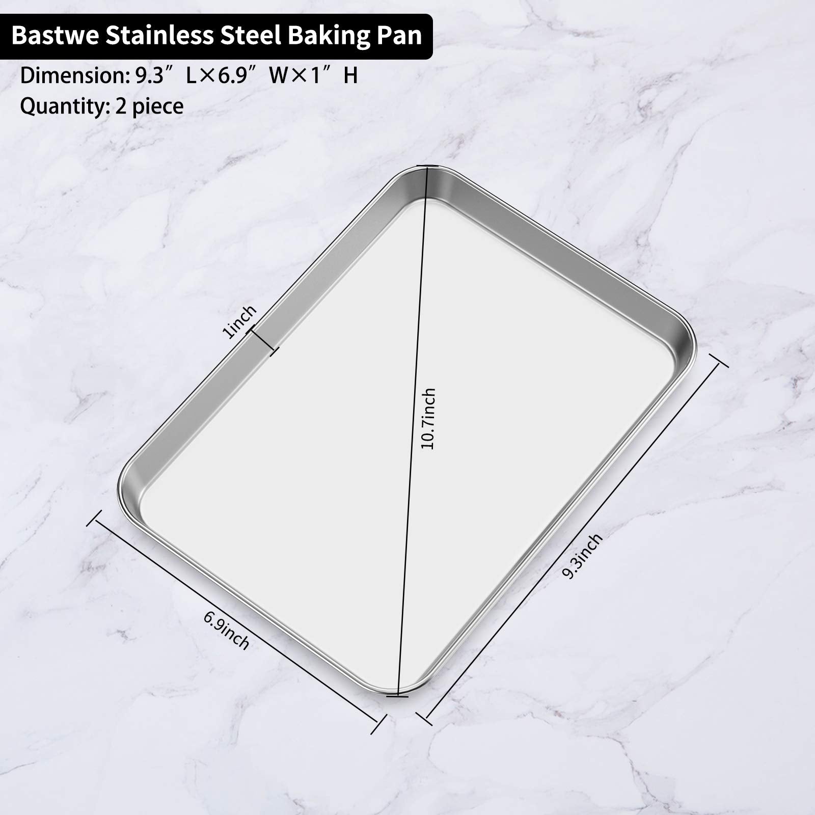 Baking Sheets 2 Pieces, Bastwe Stainless Steel Baking Pan Tray Cookie Sheet, Rectangle Size 9 X 7 X 1 Inch, Healthy  Non Toxic,