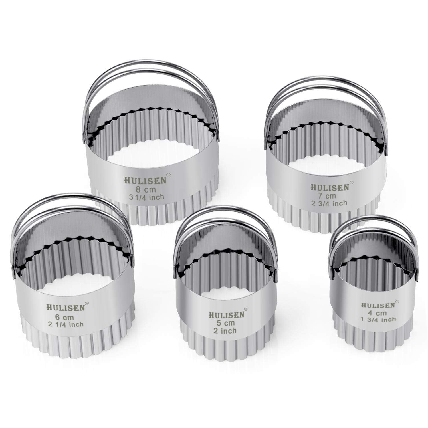 HULISEN 5-Piece Stainless Steel Biscuit Cutter Set, Wave Design with Handle, Silver