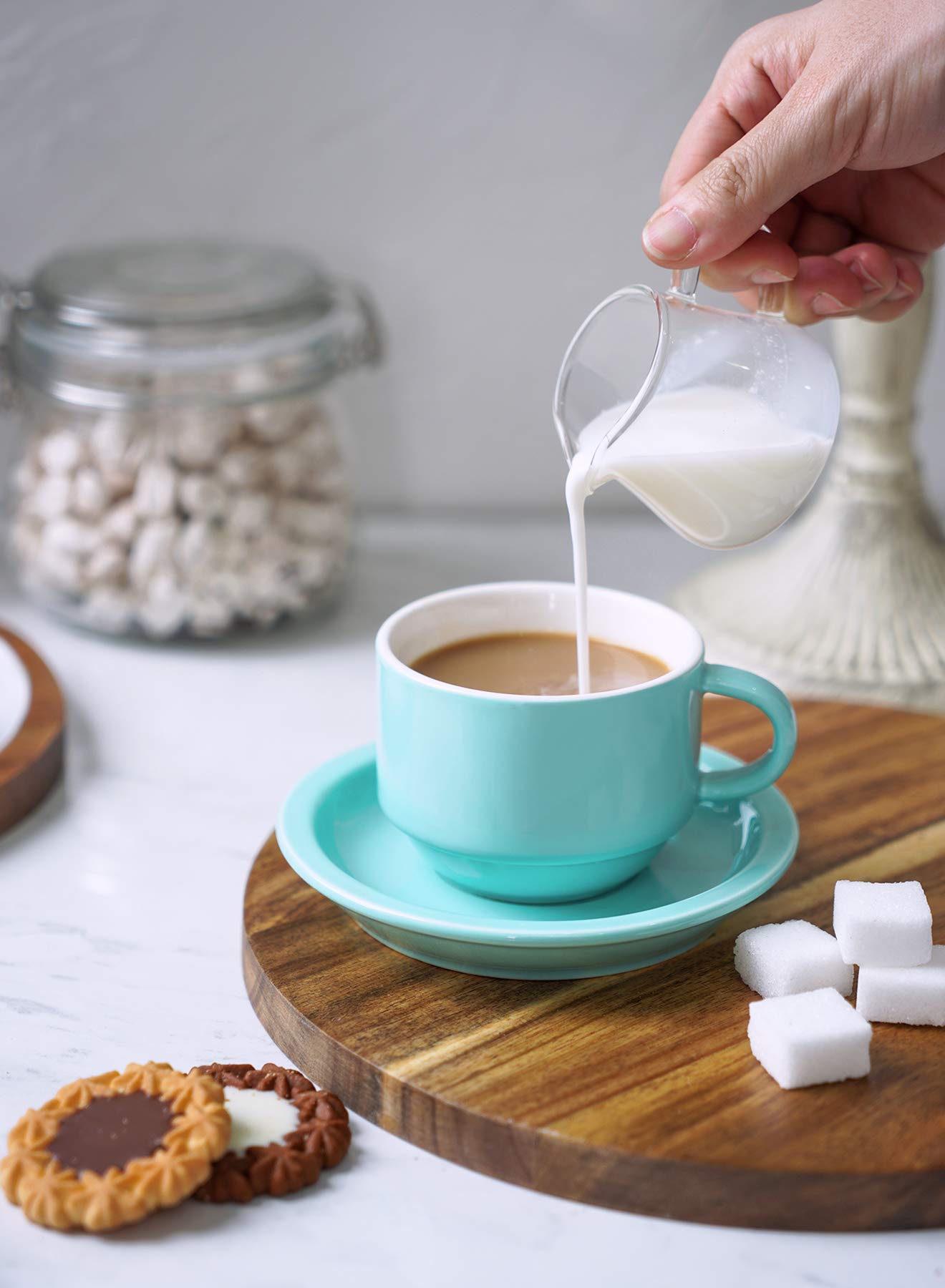 Sweese 4 Ounce Porcelain Stackable Espresso Cups With Saucers And Metal Stand Set Of 4, Turquoise