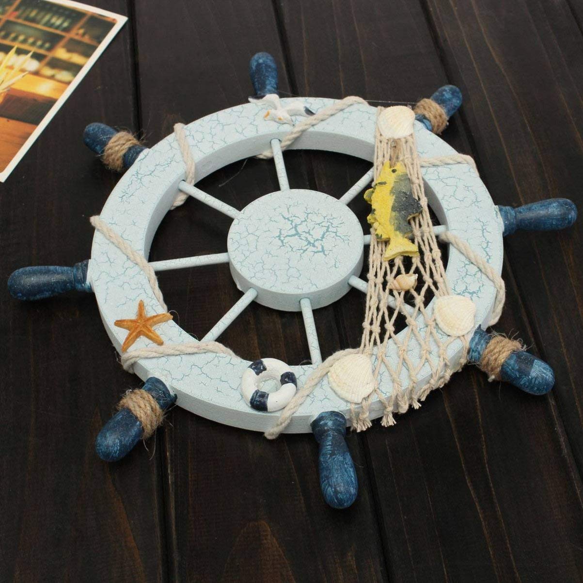 SEWACC Steering Wheel Ornament Creative Mediterranean Style Boat Wheel Decor Nautical Wooden Helm Wall Party Decoration for Home