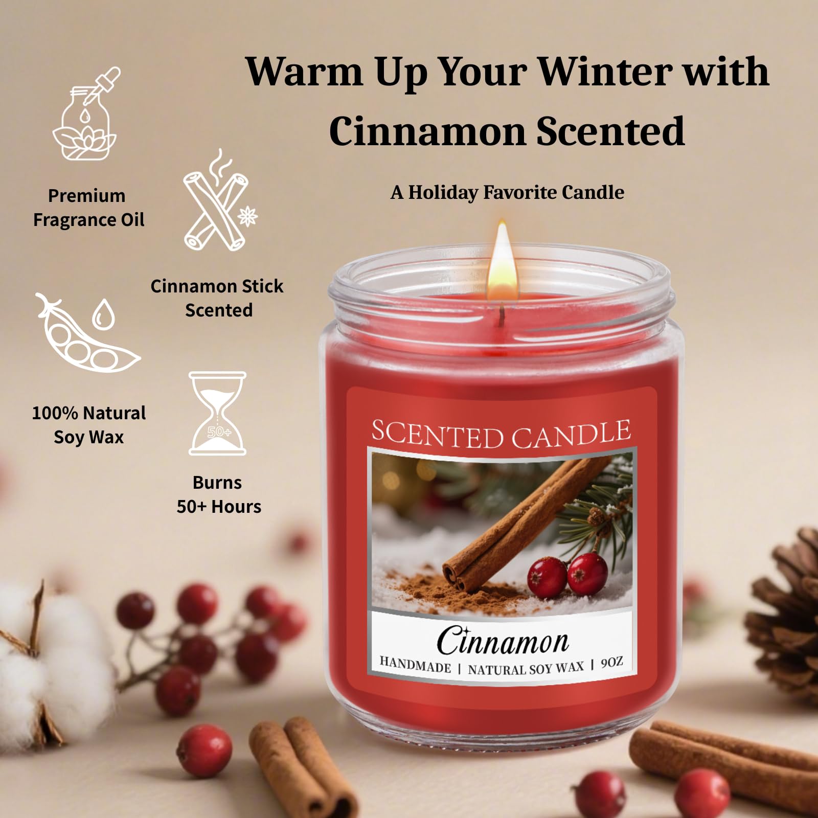 Homsolver Cozy 9OZ Cinnamon Candle Scented Strong, Christmas Candles Cinnamon Stick Apple Scented with 50+ Hours of Burn Time, F