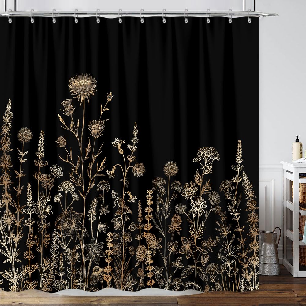 Vintage Black And Gold Boho Shower Curtain, Black And Tan Cream Floral Aesthetic Dark Wildflower Botanical Flowers Shower Curtai
