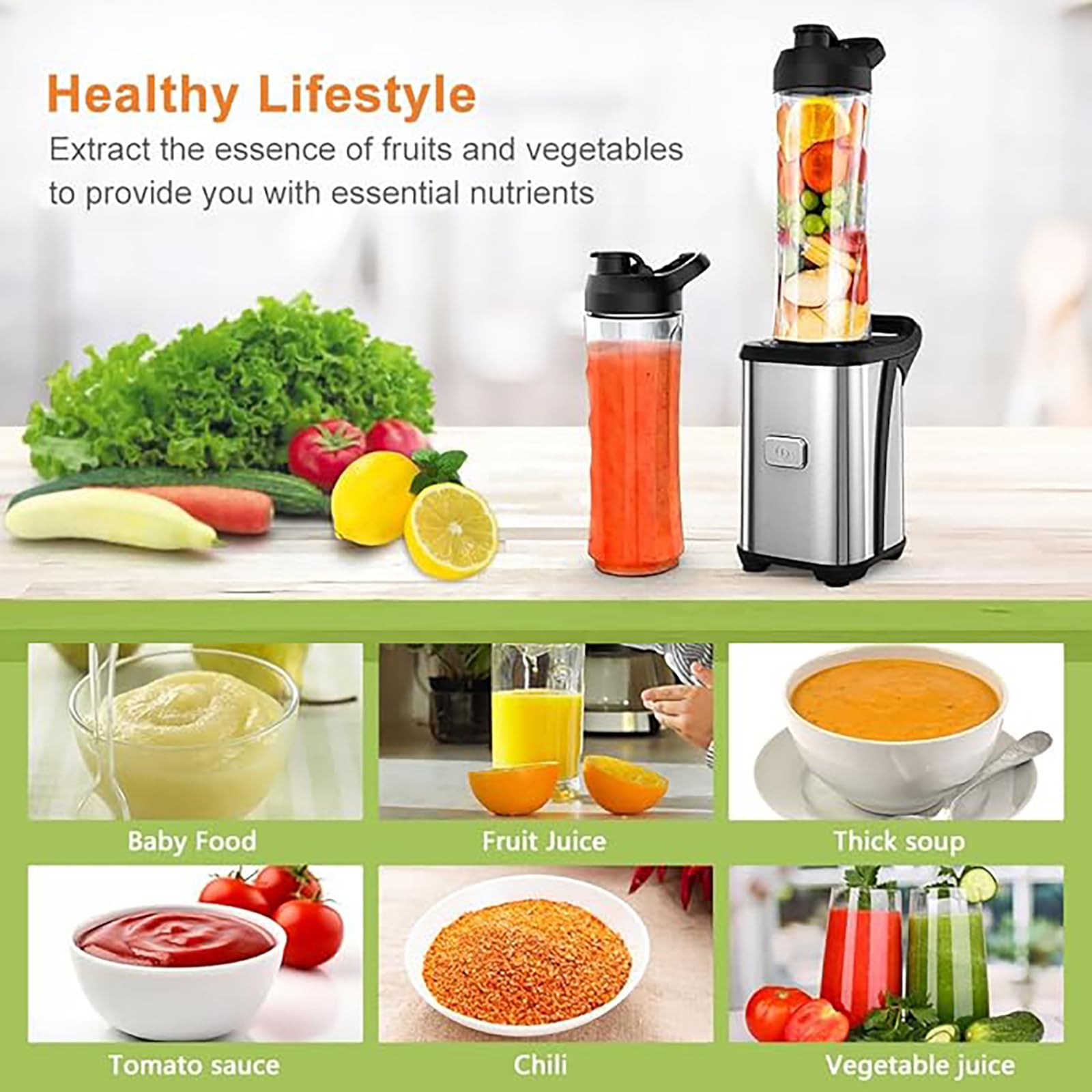 Enfmay 300W Mini Smoothie Maker  Smoothie Blender with 2 x 600ML BPA Free Tritan Plastic Bottles  Portable Stand Mixer  Stainless Steel Blender for Shake  Smoothie and Baby Food  Silver