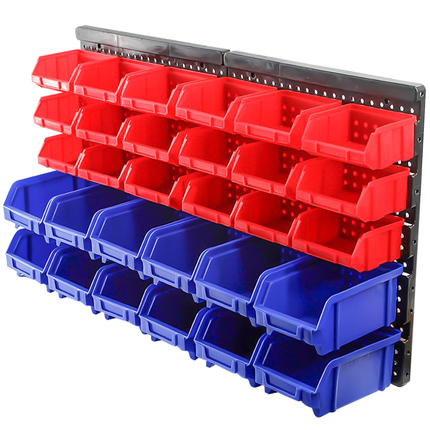 Socpuro Wall Mounted Storage Bins Parts Rack, 30Pcs Bins Plastic Parts Rack Container, 5Tier Stackable Garage Shop Tool Storage