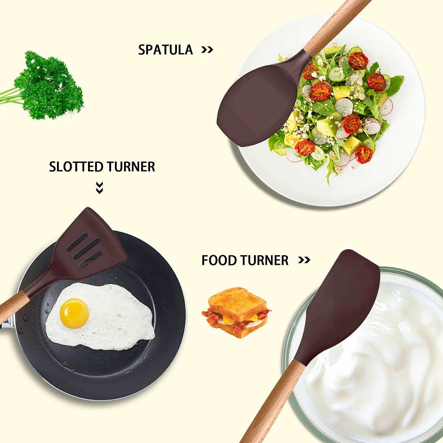 Mibote 17 Pcs Silicone Cooking Kitchen Utensils Set With Holder, Wooden Handles Bpa Free Non Toxic Silicone Turner Tongs Spatula