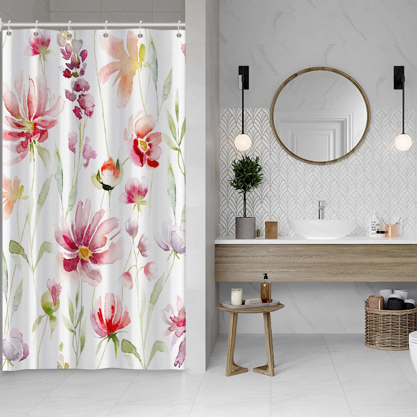 Ruelvth Spring Shower Curtain, Red And Green Floral Shower Curtain For Bathroom Waterproof Watercolor Botanical Shower Curtain S