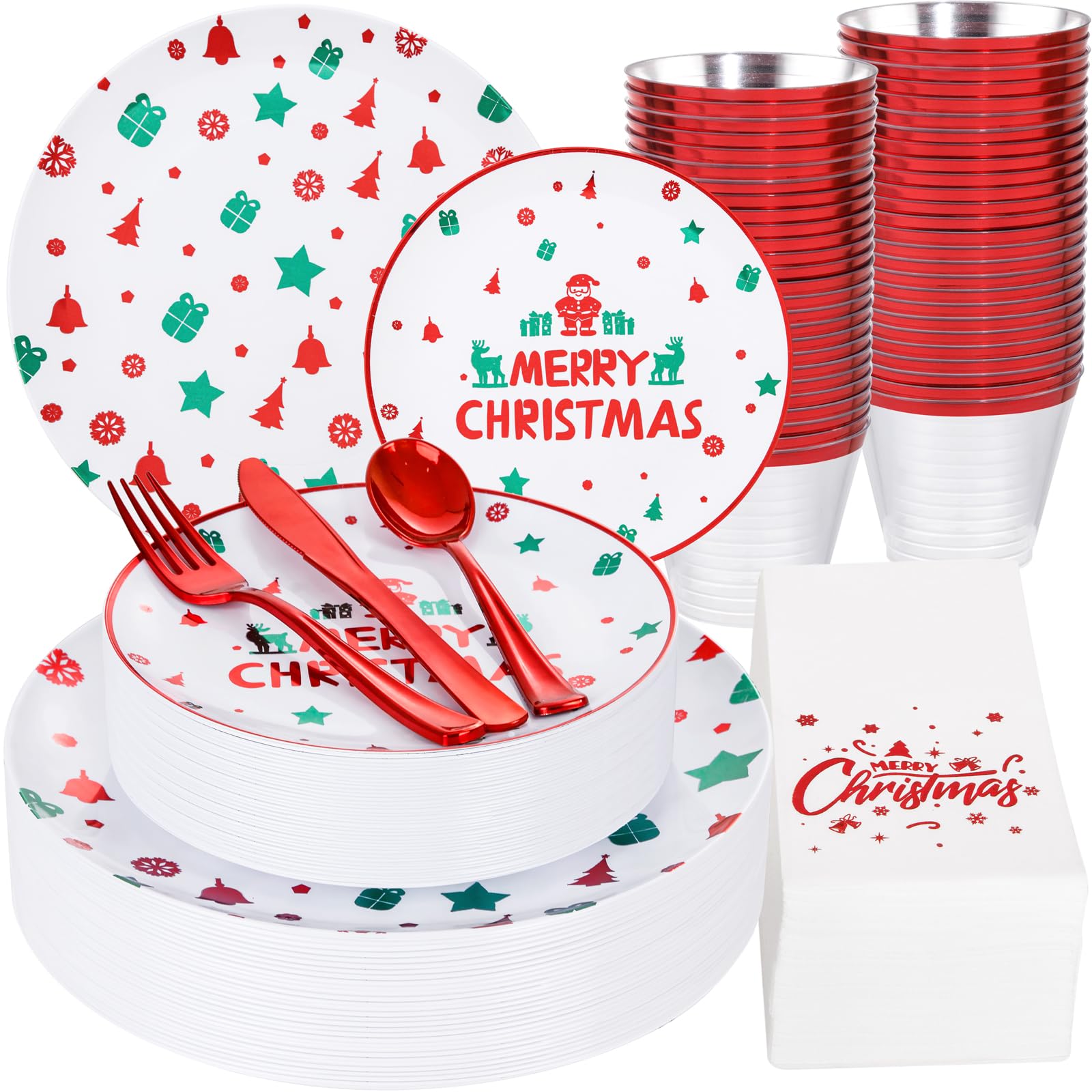 Sut 175 Pcs Christmas Plastic Plates, Christmas Party Plates And Cups And Napkins Sets For 25 Guests,Red Christmas Plates Dispos