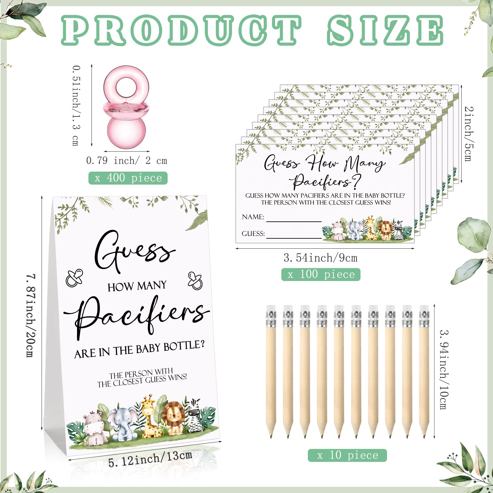 Roowest 512 Pcs Baby Shower Games Guess How Many Pacifiers Greenery Game Sign 100 Small Guessing Games 10 Hb Pencils 750Ml Milk