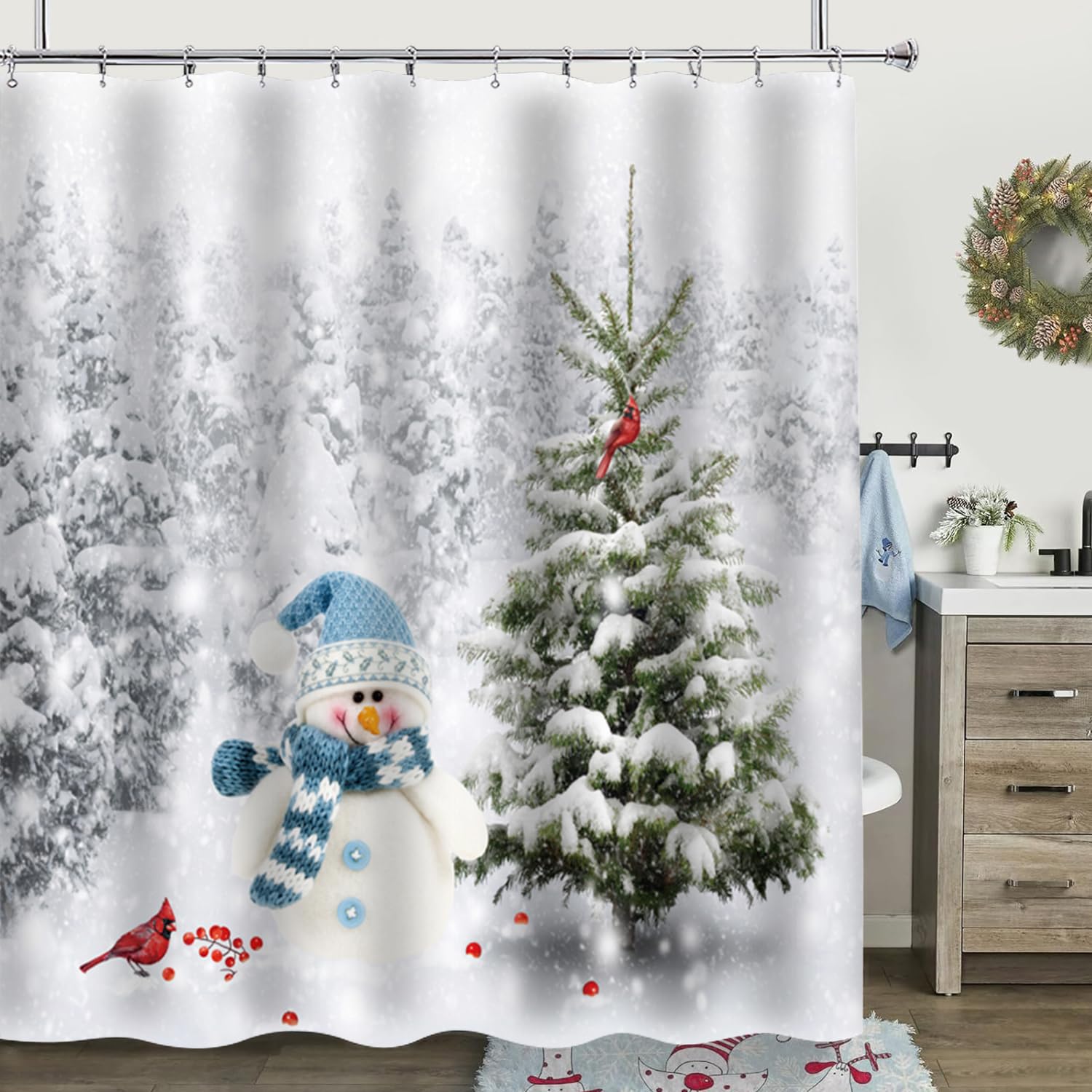 Cnayuep Christmas Shower Curtain, Winter Shower Curtain Set, Waterproof Cute Bathroom Shower Curtain Sets, Snowman Christmas Tre