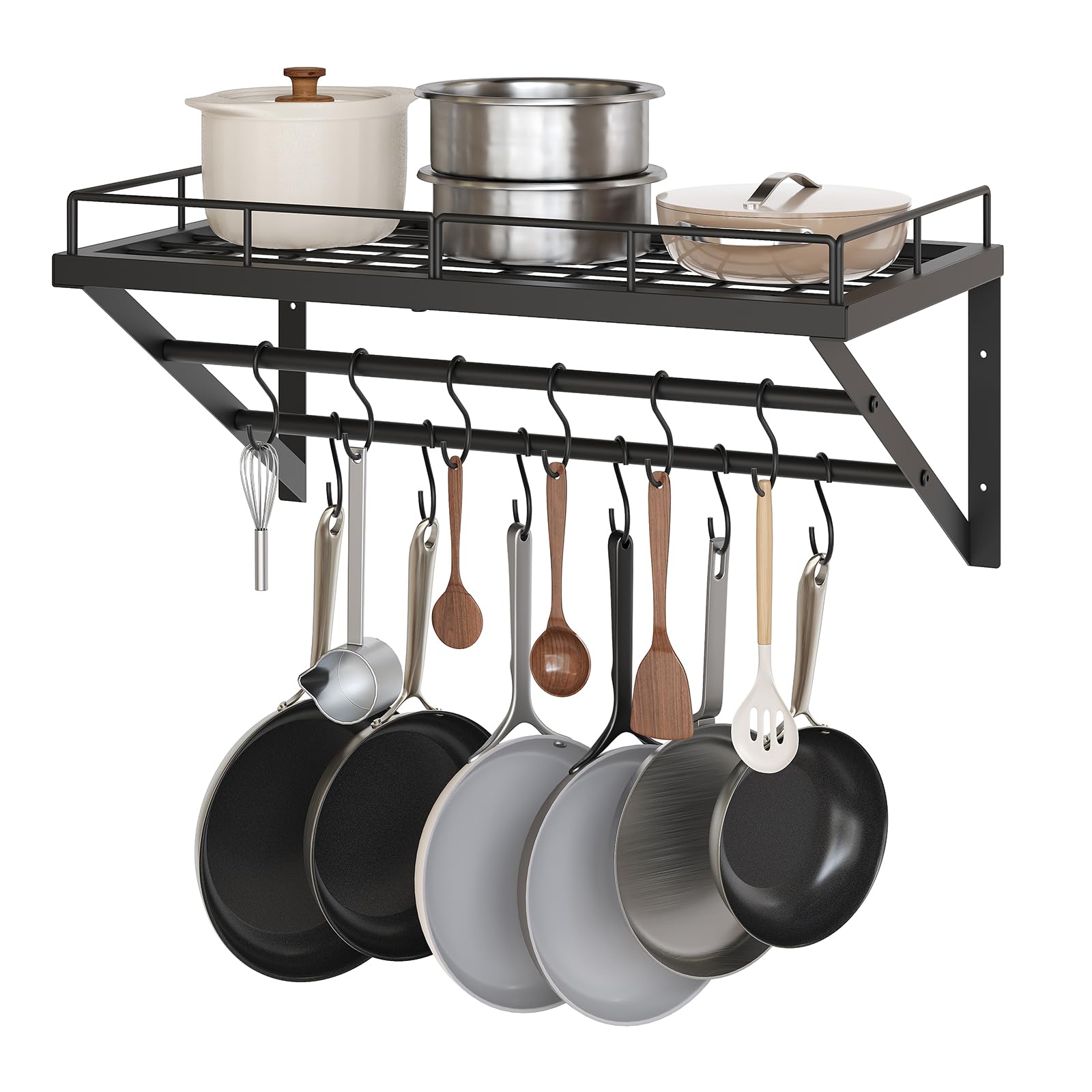 YATINEY Wall Mounted Pot Rack, 23.8 Inch Pot and Pan Organizer with 2 Tier Hanging Rails, 12 SHooks, Metal Pot Rack for Kitchen