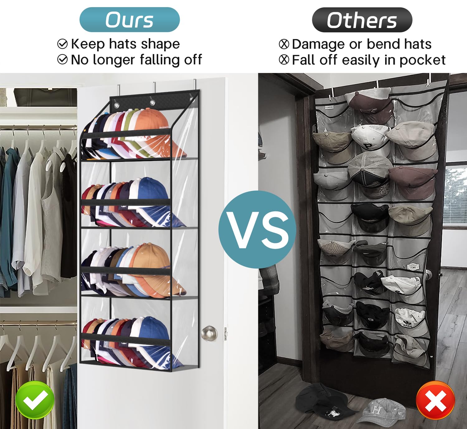 Aooda Clear Over The Door Hat Racks For Baseball Caps, Hold 48 Caps Hat Storage Organizer For Closet Wall, Deep Pockets Hanging