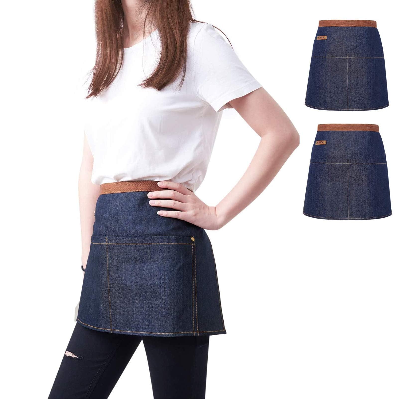 Kopada 2 Pack Blue Unisex Waist Denim Aprons For Home And Kitchen,Chef Denim Apron For Waitress Half Short Aprons Restaurant For